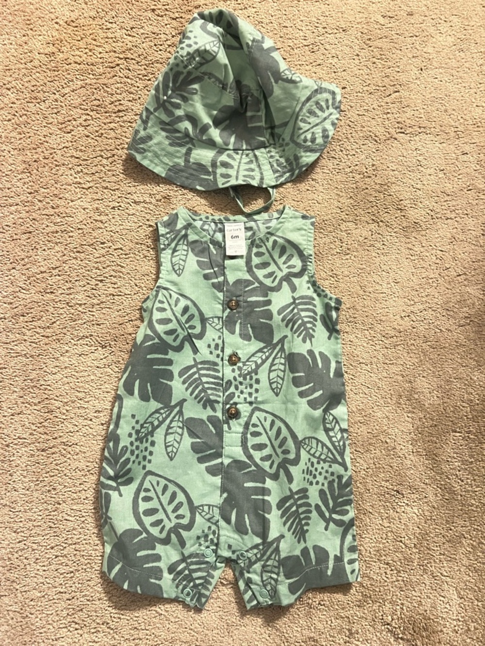 Green Leaf Print Baby Romper & Hat Set